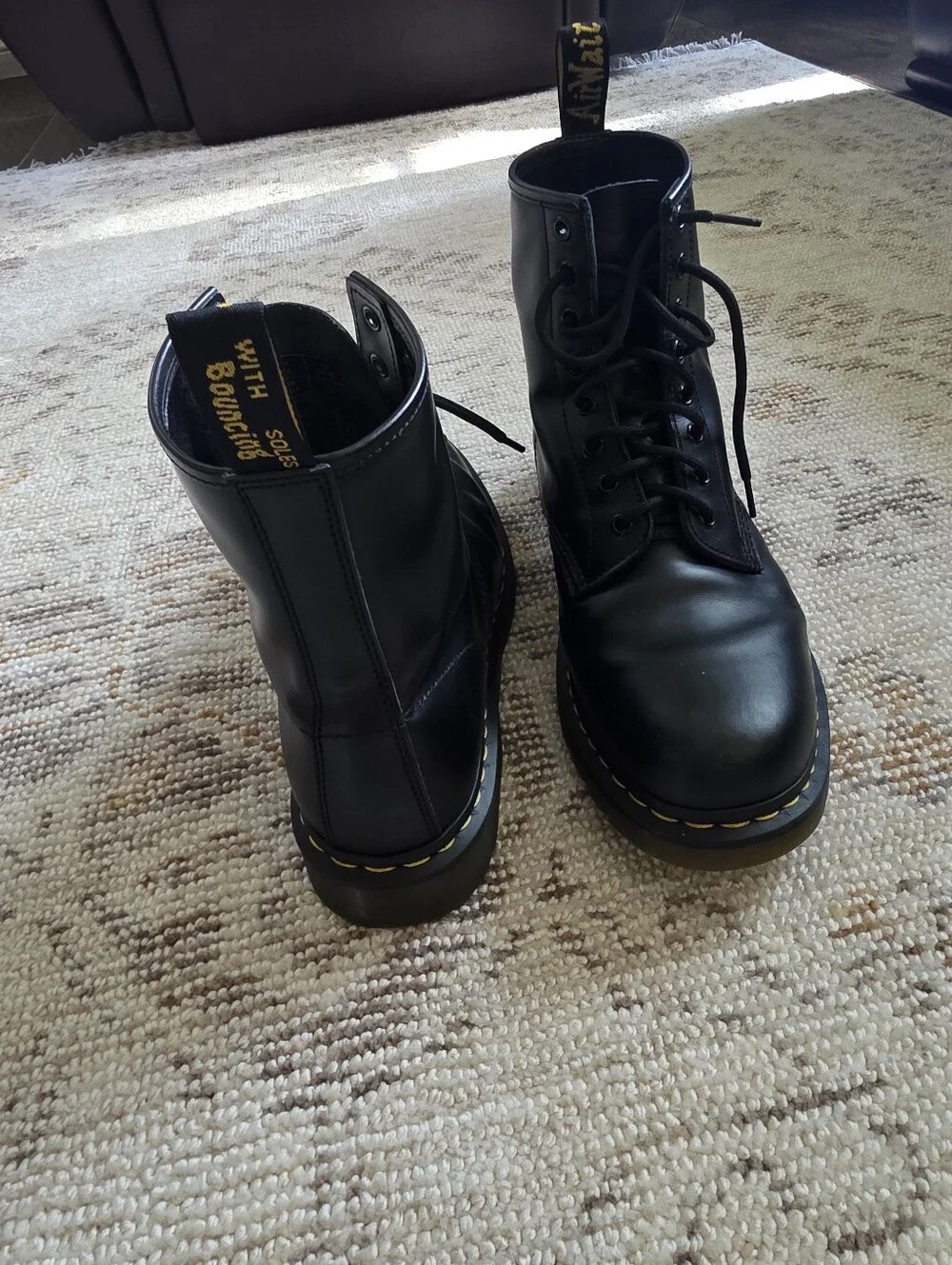 Dr. Martens Black Leather Lace-Up Boots with Yellow Stitching